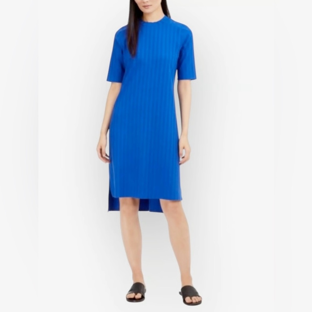 Eileen Fisher Wide Rib Stretch‎ Mock Neck Midi Dress Cobalt Blue M